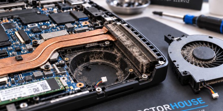 Eltömődött laptop hűtőborda vastag porréteggel és kiszerelt ventilátor a Doctorhouse laptop szervizben