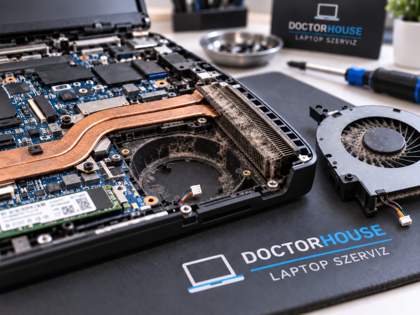 Eltömődött laptop hűtőborda vastag porréteggel és kiszerelt ventilátor a Doctorhouse laptop szervizben