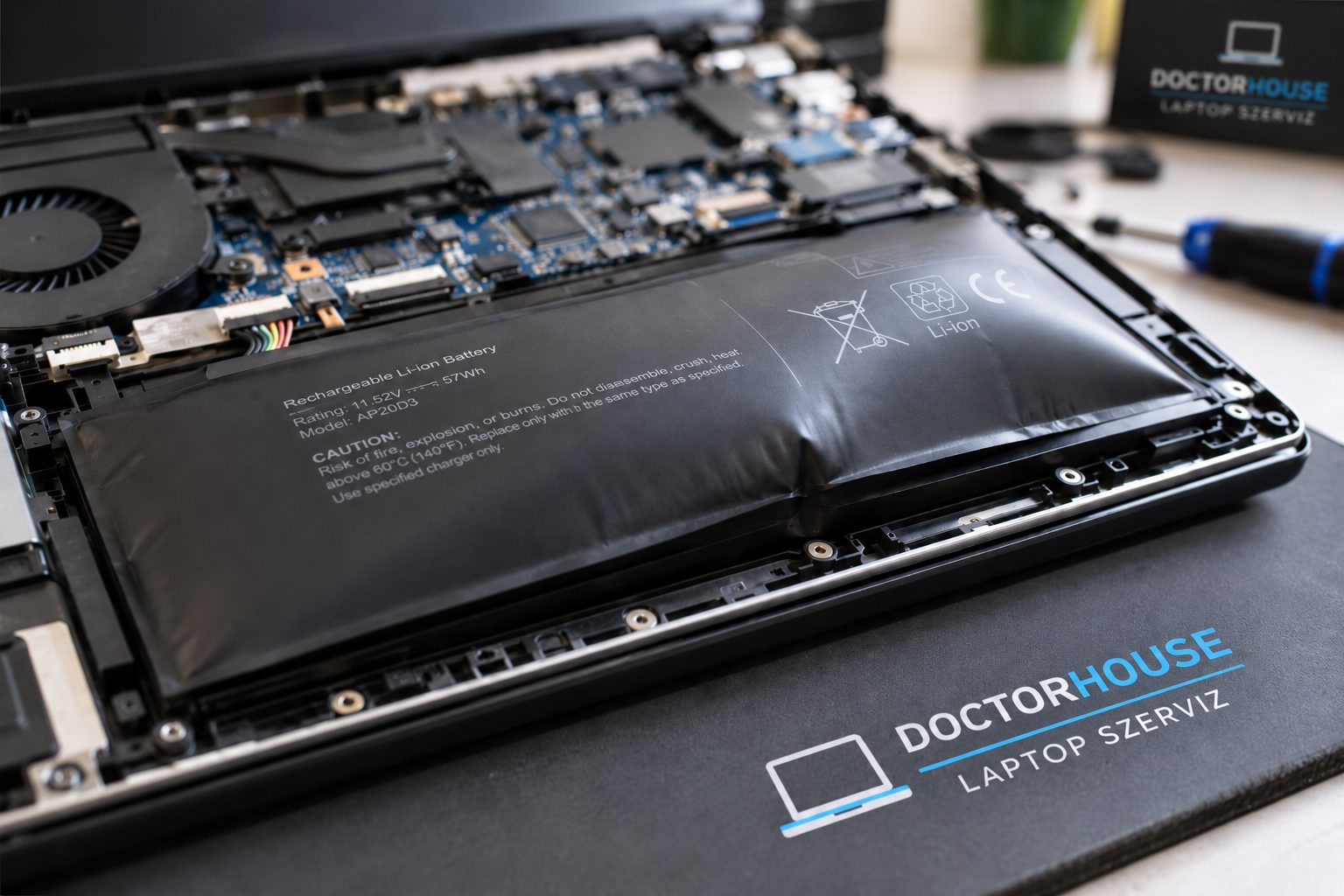 Felpuffadt lítium-ion laptop akkumulátor szétszerelt laptopban