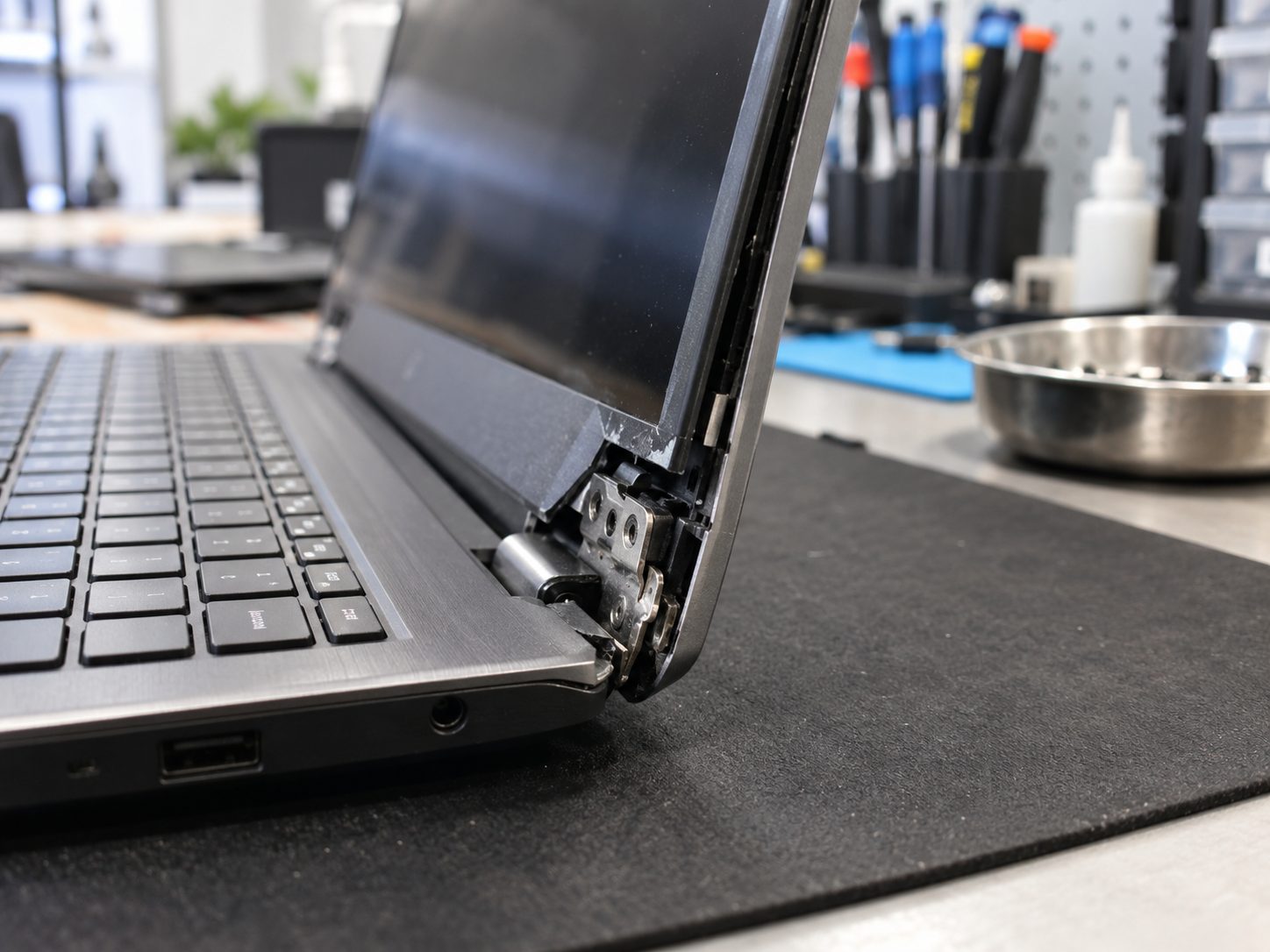 Kitört laptop zsanérrögzítés: a ház műanyagja szakadt ki a zsanér körül