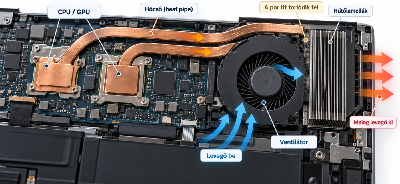 A laptop hűtésének működése: a hő a CPU és GPU felől a hőcsövön jut a hűtőlamellákhoz, a ventilátor pedig kifújja a levegőt